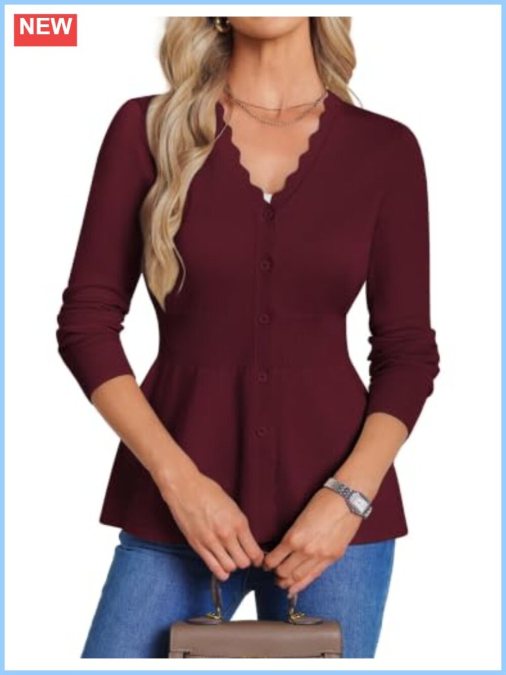 Women's Lightweight Peplum Cardigan Sweater V Neck Scalloped Button Up Knit